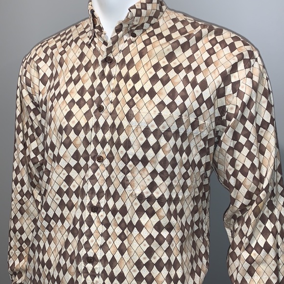 Perry Ellis Button Down Long Sleeve Shirt, Tan, Brown and Cream color - Picture 2 of 8